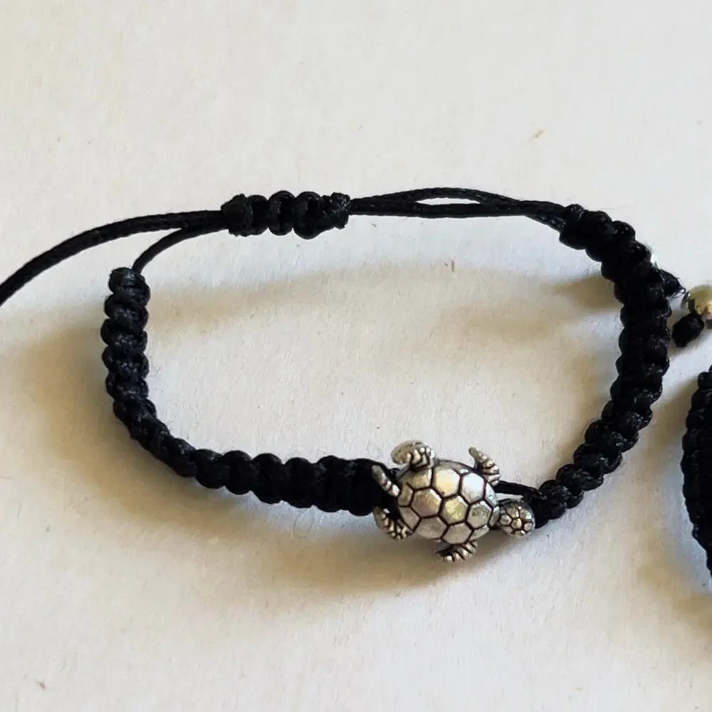 Turtle Black Adjustable Bracelet Silver Tone Charm Children's Size Handmade